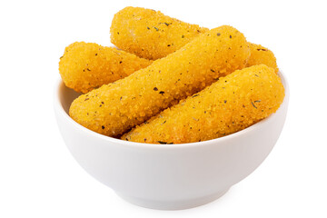 Fried breaded mozzarella sticks with herbs in a white ceramic bowl on white.