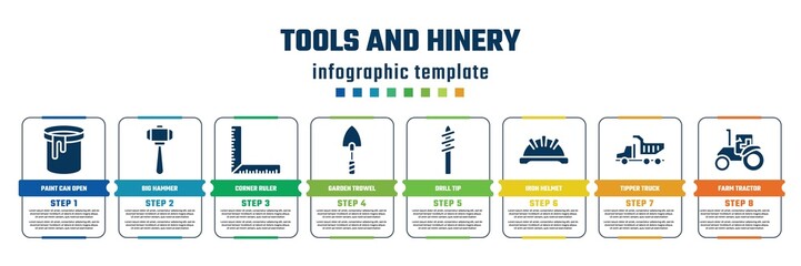 tools and hinery concept infographic design template. included paint can open, big hammer, corner ruler, garden trowel, drill tip, iron helmet, tipper truck, farm tractor icons and 8 steps or