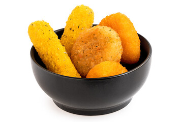 Fried breaded brie and camembert nuggets and mozzarella sticks in a black ceramic bowl on white.