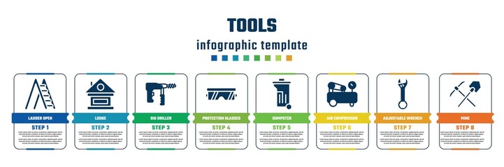 tools concept infographic design template. included ladder open, lodge, big driller, protection glasses, dumpster, air compressor, adjustable wrench, mine icons and 8 steps or options.