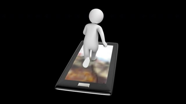 Stickman run and scroll social media on Smartphone - 3d render looped with alpha channel.