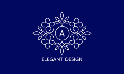 Trendy logo design template. Simple and clear initials A with ornate frames and blue background, suitable for restaurants, hotels, cafes, shops, fashion, beauty salons, etc.