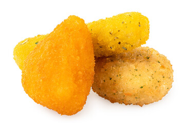 Fried breaded brie nugget, camembert nugget and mozzarella stick on white.