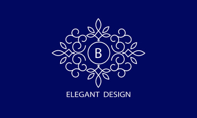 Trendy logo design template. Simple and clear initials B with ornate frames and blue background, suitable for restaurants, hotels, cafes, shops, fashion, beauty salons, etc.
