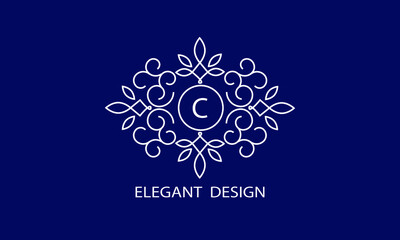 Trendy logo design template. Simple and clear initials C with ornate frames and blue background, suitable for restaurants, hotels, cafes, shops, fashion, beauty salons, etc.