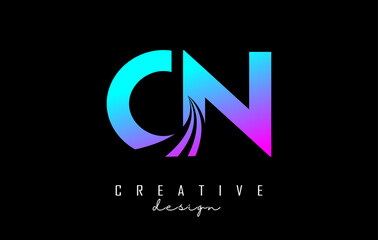 Creative colorful letters CN c n logo with leading lines and road concept design. Letters with geometric design.