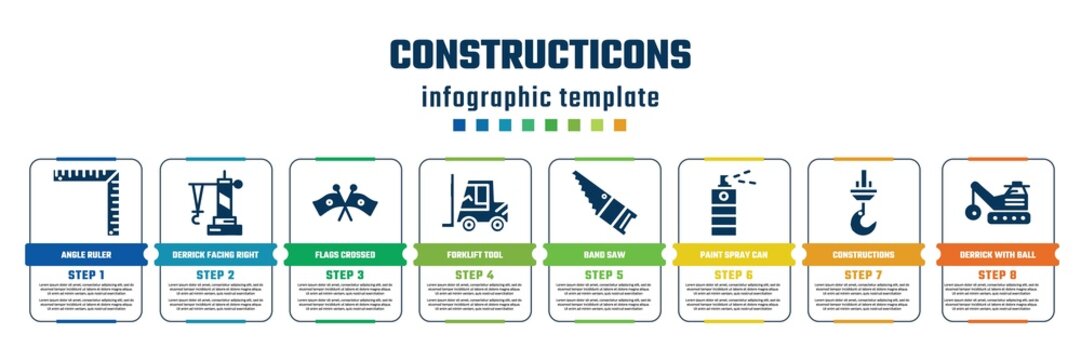 constructicons concept infographic design template. included angle ruler, derrick facing right, flags crossed, forklift tool, band saw, paint spray can, constructions, derrick with ball icons and 8