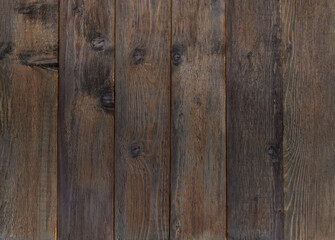 Vintage brown wood background texture with knots. Old wood wall. Brown abstract background. Vintage wooden dark vertical boards. Front view with copy space. Background for desktop