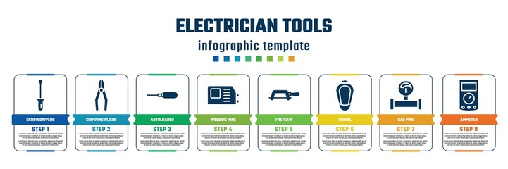 electrician tools concept infographic design template. included screwdrivers, crimping pliers, autoloader, welding hine, fretsaw, urinal, gas pipe, ammeter icons and 8 steps or options.