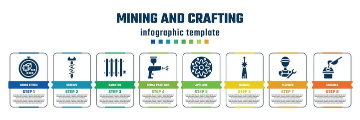mining and crafting concept infographic design template. included cross stitch, screws, radiator, spray paint gun, applique, norigae, plumber, crucible icons and 8 steps or options.
