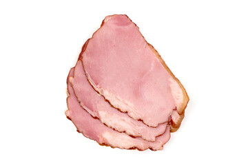 Sliced smoked pork loin, isolated on white background.