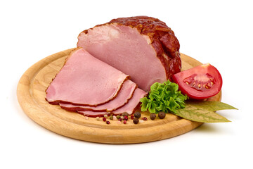 Sliced smoked pork loin, isolated on white background.