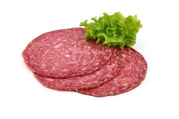Dried Italian sausage, Salami Napoli, isolated on white background. High resolution image.