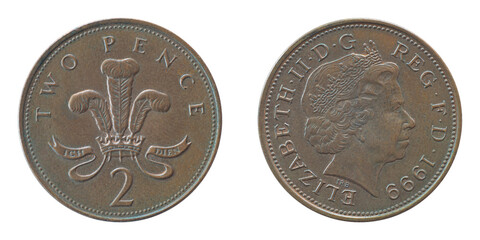 1999 uk 2 two pence bronze copper coin with close up portrait of queen isolated on white background.