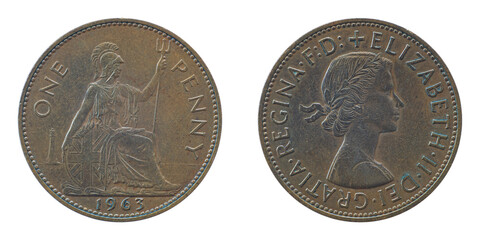 1963 uk 1 one penny bronze copper coin with close up portrait of queen isolated on white background.
