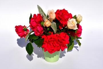 A small beautiful bouquet of red and pale orange roses in a green vase on a white background