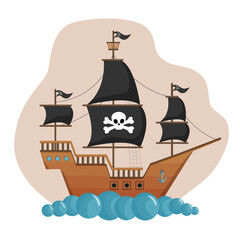 Pirate ship with black sails with skull and flag. Can be used as a cover, background, picture, screen saver. For holidays and children's birthdays, quests, games.