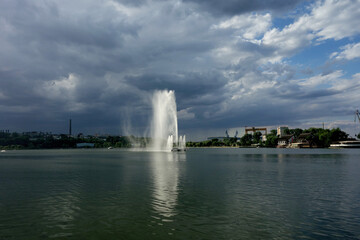 lake ciuperca romania tulcea with astonishing artesian fountain in sunset light