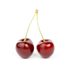 Two ripe cherries on a white background, red fruit.