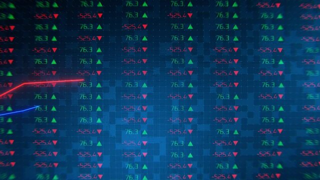 Moving charts of financial data showing the price movement up and down in the stock market. Stock market tickers and stock market charts. Price indicators and forecast..