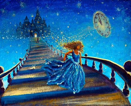 Painting Beautiful girl Cinderella in blue dress runs away from palace ball at 12 clock losing shoe on stairs painting children fairy tale for book or poster