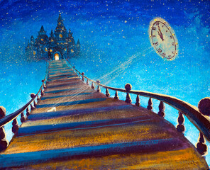 Fairy tale illustration of the road from the castle, midnight clock and magic shoe for Cinderella acrylic painting.