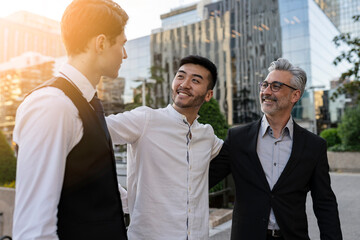 group of diverse businessmen greeting each other in buildings, businessmen shaking hands