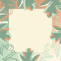 Abstract summer vector art background. Luxury wallpaper in minimalist style with pink and green leaves, frame. Background for banner, poster, web, packaging, wedding invitation