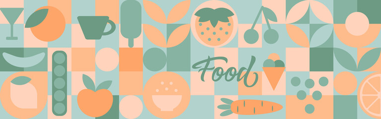 Food - set of geometric shapes, circles and squares drawn in flat cartoon vector. Fruits and vegetables in the modern trendy style of the 70s - apple, orange, lemon, cherry and peas. © Nadzeya Pakhomava
