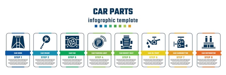 car parts concept infographic design template. included car hood, car crank, fan, parking light, bucket seat, oil pump, carburettor, distributor cap icons and 8 steps or options. © VectorStockDesign