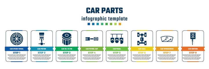 car parts concept infographic design template. included car spare wheel, car piston, oil filter, petrol cap, pedal, axle, windscreen, ignition icons and 8 steps or options.