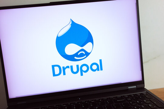 KONSKIE, POLAND - July 11, 2022: Drupal web content management framework logo displayed on laptop computer