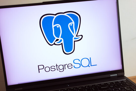 KONSKIE, POLAND - July 11, 2022: PostgreSQL relational database management system logo displayed on laptop computer