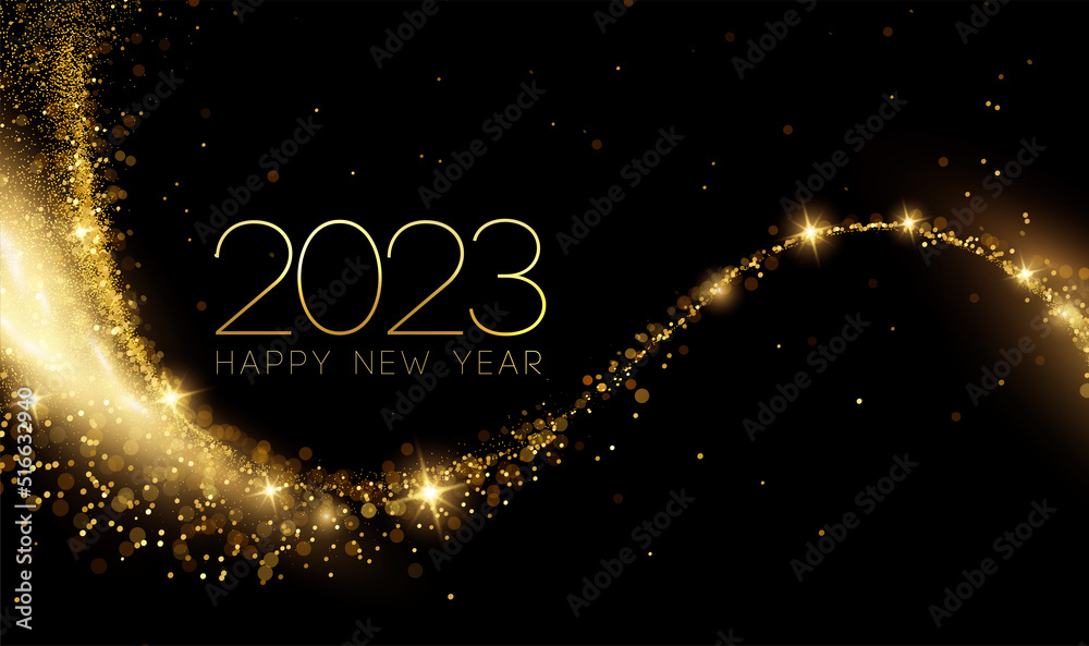 Poster 2023 New Year Abstract shiny color gold wave design element