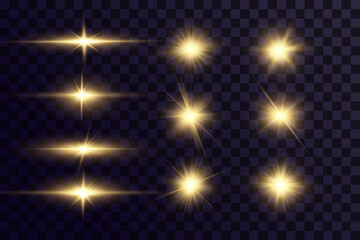 Shining golden stars. Light effects, glare, glitter, explosion, golden light. Vector illustration.