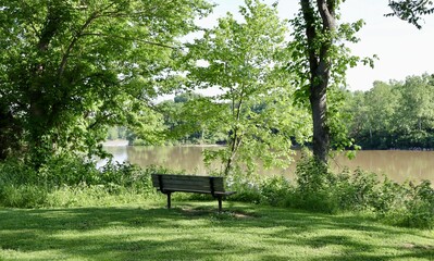 The empty bench near the river in the countryside.