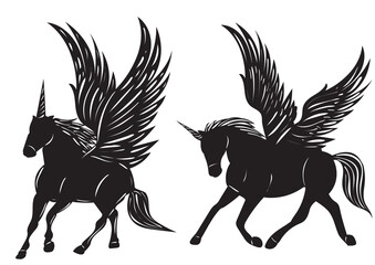 running horse with wings, unicorn with wings silhouette isolated, vector