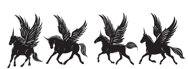 running horse with wings, unicorn with wings silhouette isolated