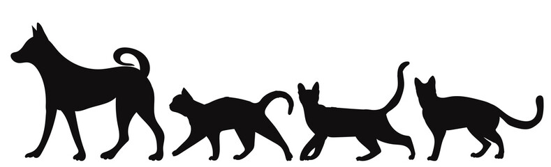 dog walking with cats silhouette isolated, vector