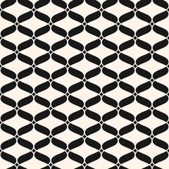 Vector seamless pattern. Abstract graphic monochrome background with wavy mesh, lattice, curved grid. Black and white texture of weaving, net, lace. Elegant repeat design for decor, textile, decor