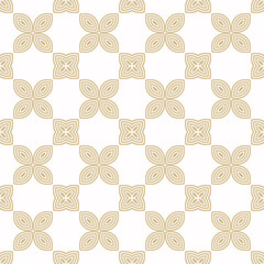 Vector golden floral seamless pattern. Elegant gold and white minimalist ornament. Luxury geometric background with flower shapes, petals, leaves. Simple abstract texture. Design for decor, wallpapers