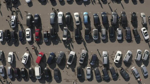 Vehicles Market. View Down Drone Footage. Crowd Of Buyers Looking For A Car.