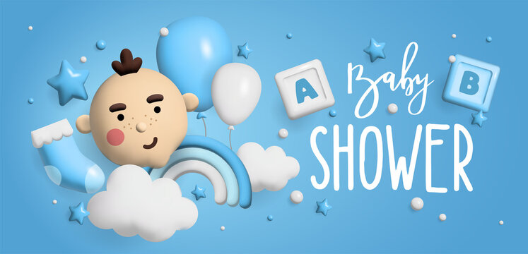 Baby shower 3d space. Banner poster on Baby shower in render style. Lettering it's a boy. Vector 