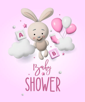 Baby shower 3d space. Banner poster on Baby shower in render style. Lettering baby. illustration in 3 d style.