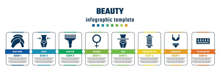 beauty concept infographic design template. included head towel, waist, afro pick, femenine, slim, barbershop pole, underwear, toe separator icons and 8 steps or options.