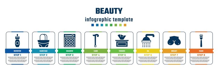 beauty concept infographic design template. included remover, hand bag, shadow, cane, tissues, ba, breast, make icons and 8 steps or options.