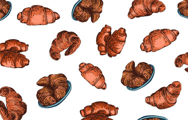 Bakery croissants cover, croissants on white background seamless pattern. Graphical color illustration for printing and design 