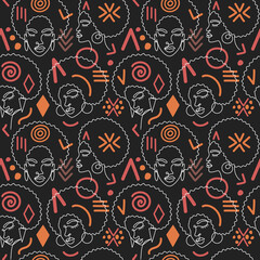 Seamless pattern with a face of an Afro American women in a modern abstract minimalist one line style with minimal shapes. Continuous black line of an African girl simple drawing. Isolated on white. V