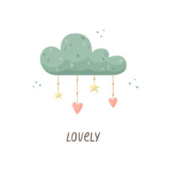 Children's vector illustration with a cloud, hearts and stars.