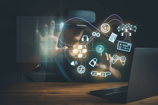 person wearing glasses Vr virtual worlds opening working in pay shopping, interacting connection control setting, browsing internet social media game storage of blockchain digital currency, metaverse